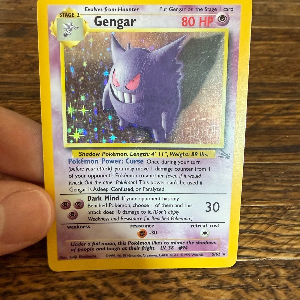 Pokemon Gengar Holographic Trading Card - Purple, Yellow, Pink